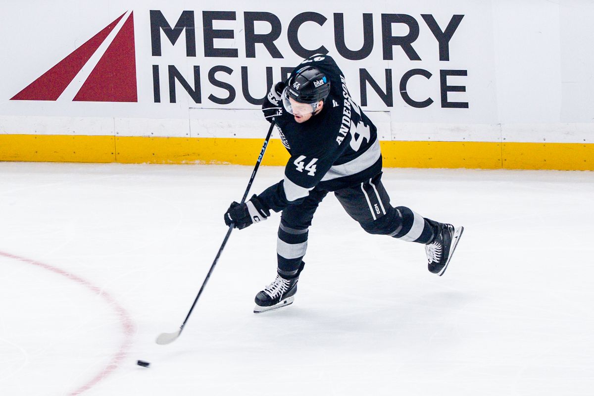 Los Angeles Kings LW Kevin Fiala (22) takes a slap shot during an NHL game against the New Jersey Devils, Saturday November 1st, 2025 in Los Angeles, California. 