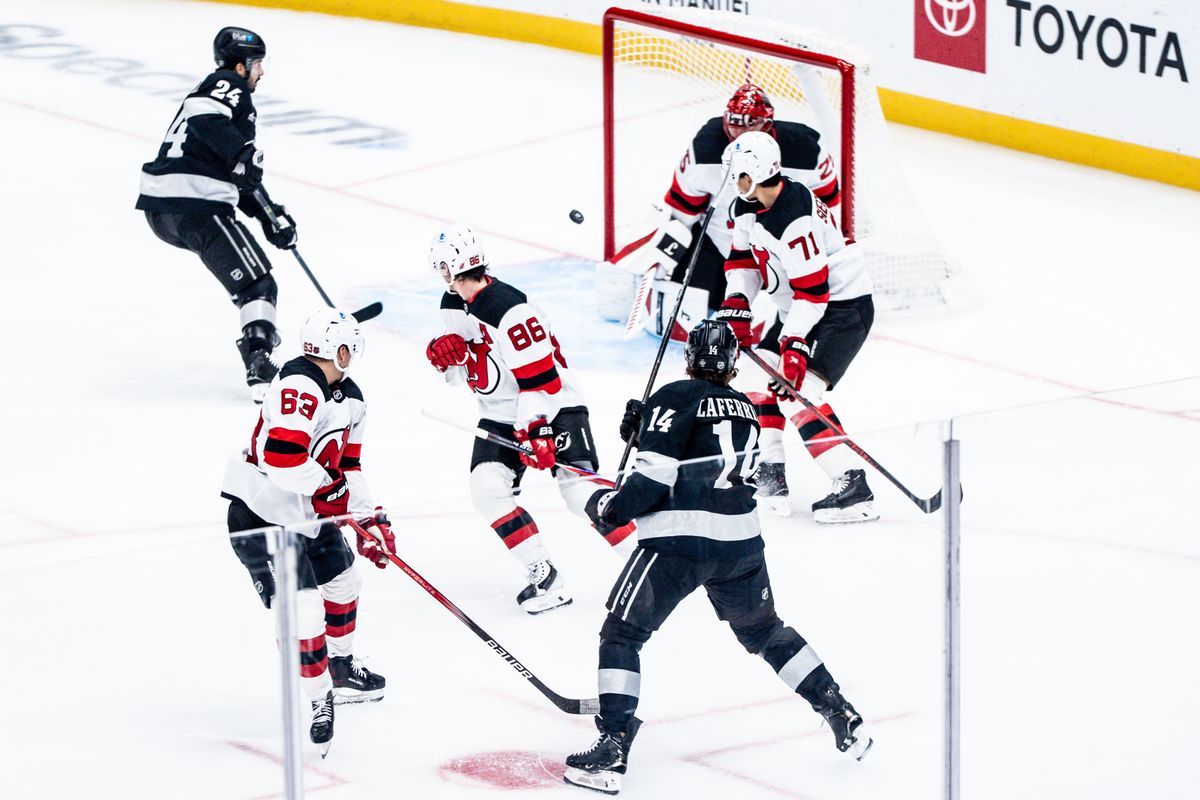 Los Angeles Kings RW Alex Laferriere (14) takes a shot on goal during an NHL game against the New Jersey Devils, Saturday November 1st, 2025 in Los Angeles, California. 