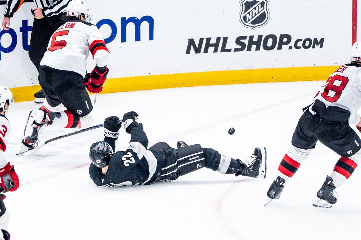 Los Angeles Kings LW Kevin Fiala (22) gets knocked on his back while trying to score during an NHL game against the New Jersey Devils, Saturday November 1st, 2025 in Los Angeles, California. 