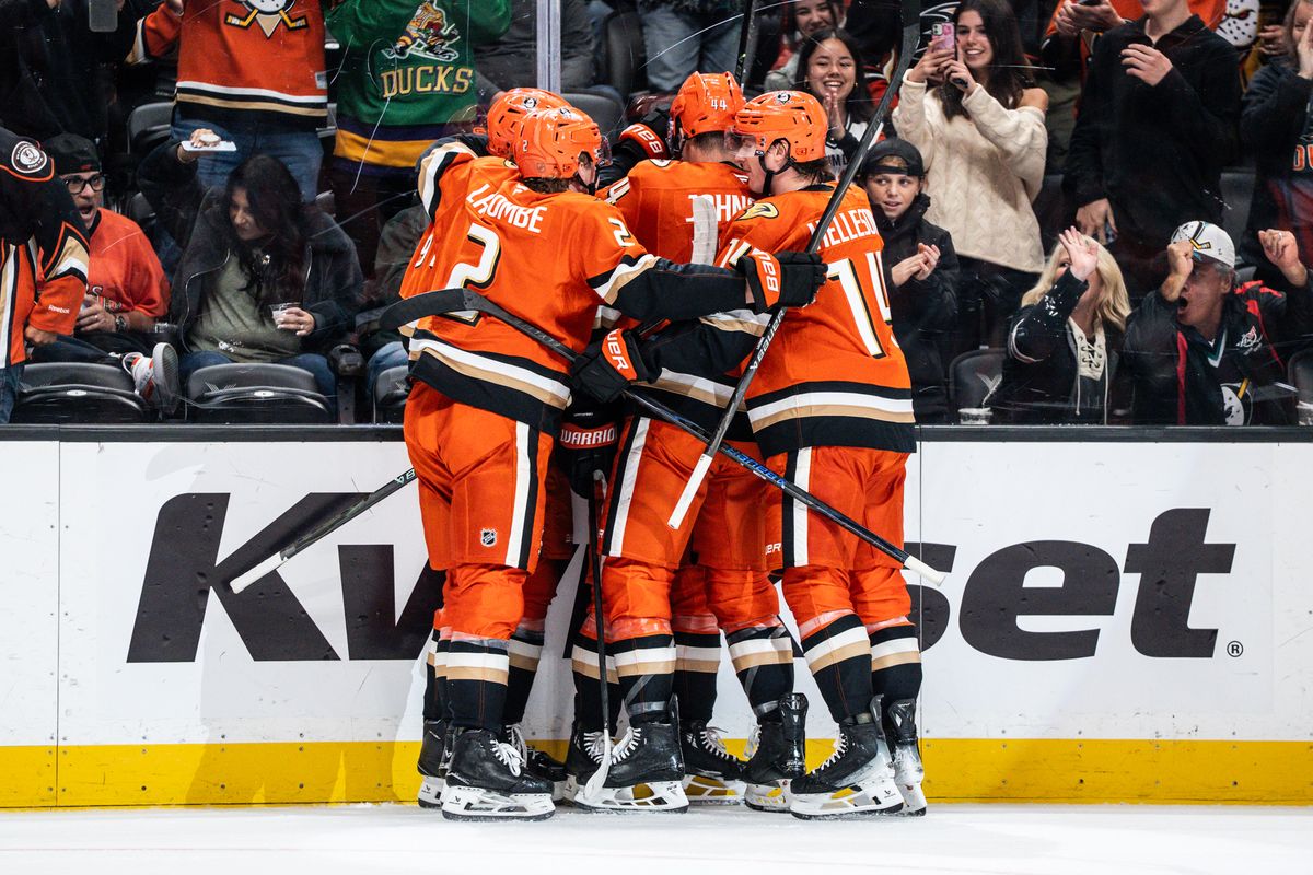 Anaheim Ducks celebrate after a goal during an NHL game against the New Jersey Devils on Sunday November 2, 2025 in Anaheim, California.