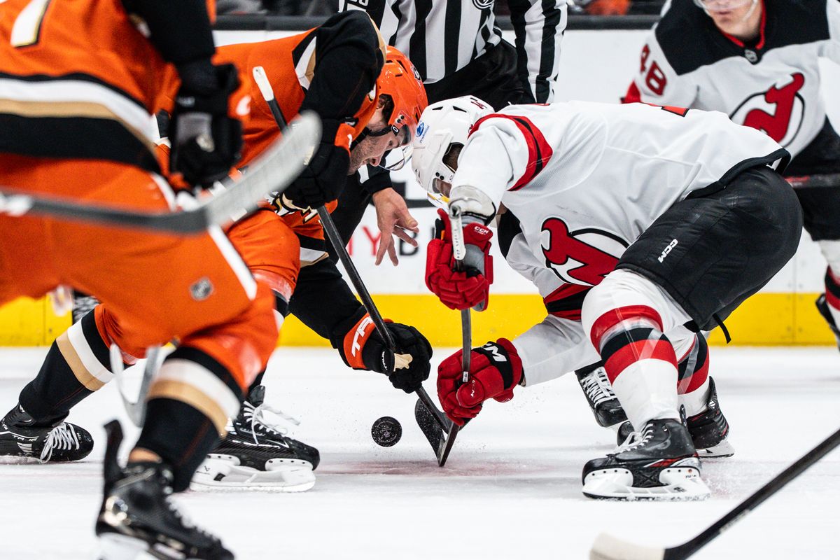 Anaheim Ducks and New Jersey Devils have a face-off during an NHL game on Sunday November 2, 2025 in Anaheim, California.