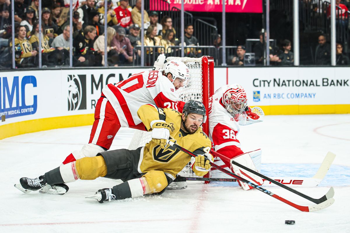 Vegas Golden Knights F Tomas Hertl (48) falls with the puck behind the net during an NHL game against the Detroit Red Wings on Tuesday November 4, 2025, in Las Vegas, Nevada. 