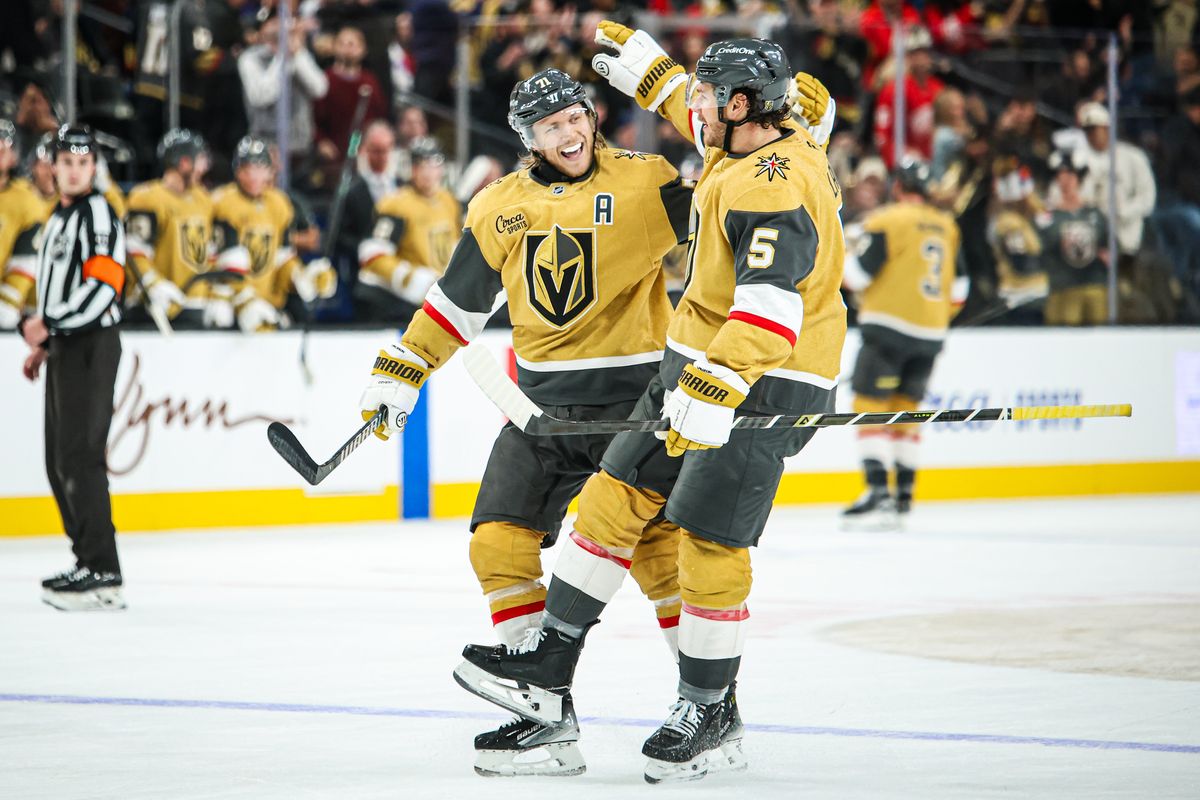 Vegas Golden Knights F William Karlsson (71) and Vegas Golden Knights D Jeremy Lauzon (5) celebrate after a disallowed goal during an NHL game against the Detroit Red Wings on Tuesday November 4, 2025, in Las Vegas, Nevada. 