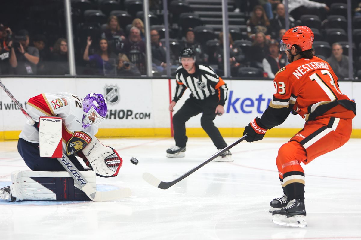 #13 C Nikita Nesterenko of the Anaheim Ducks takes a shot on goal during an NHL game against the Florida Panthers on November 4, 2025 in Anaheim, CA.