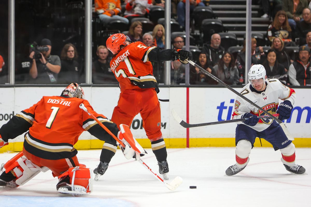 #1 G Lukas Dostal of the Anaheim Ducks makes a stop during an NHL game against the Florida Panthers on November 4, 2025 in Anaheim, CA.