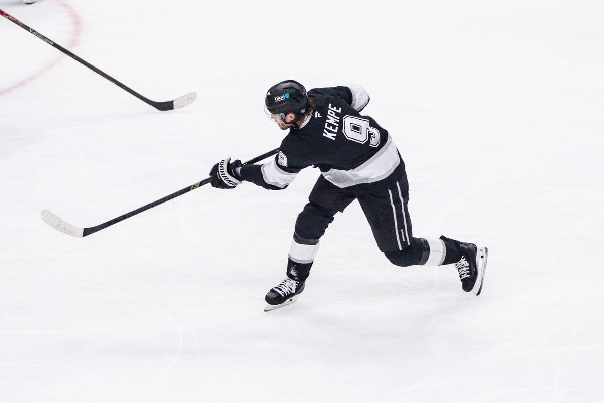 Los Angeles Kings Right Wing Adrian Kempe (9) takes a slap shot and scores the first goal of the game during an NHL hockey game against the Florida Panthers, Thursday November 6, 2025 in Los Angeles. Los Angeles Kings Right Wing Adrian Kempe (9) takes a slap shot and scores the first goal of the game during an NHL hockey game against the Florida Panthers, Thursday November 6, 2025 in Los Angeles.