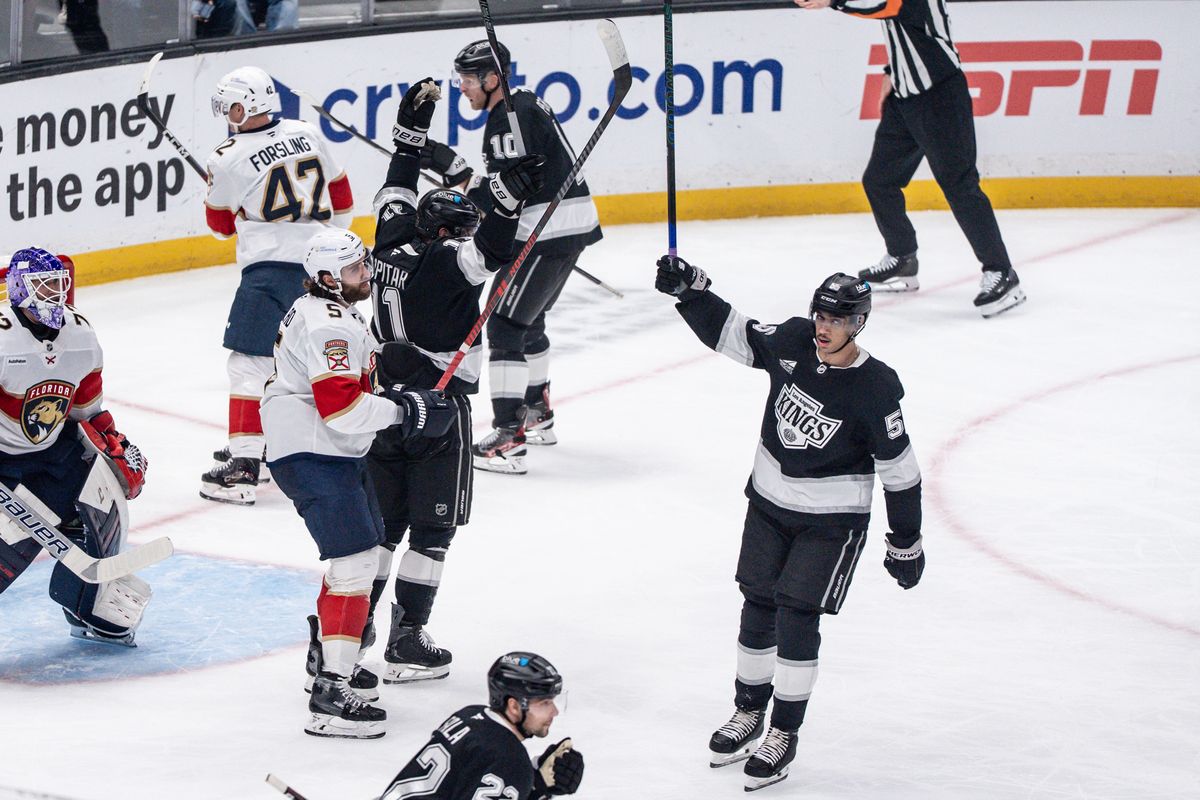 Los Angeles Kings players celebrate after they scored a goal during an NHL hockey game against the Florida Panthers, Thursday November 6, 2025 in Los Angeles. Los Angeles Kings players celebrate after they scored a goal during an NHL hockey game against the Florida Panthers, Thursday November 6, 2025 in Los Angeles.