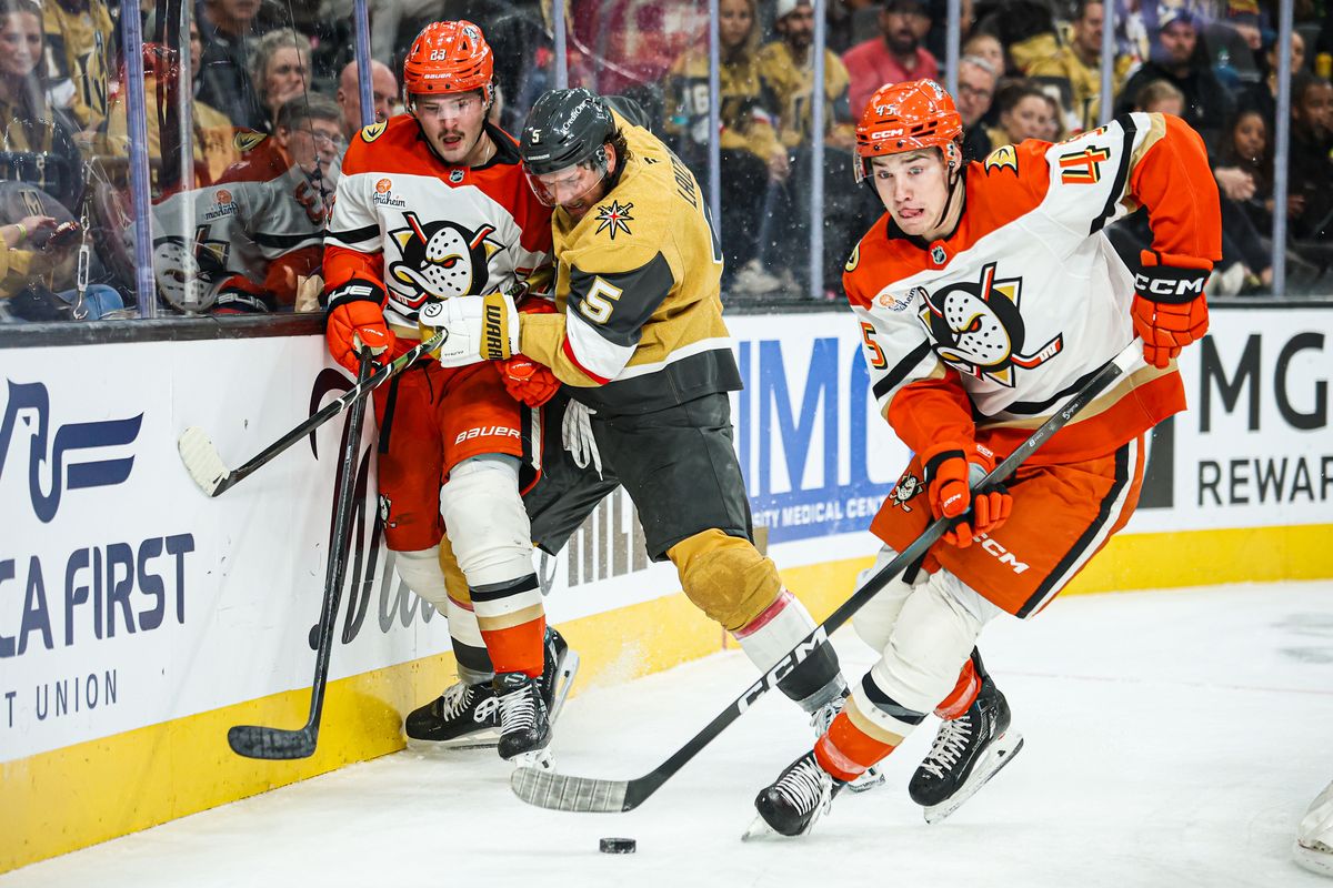 Anaheim Ducks RW Beckett Sennecke (45) collects the puck during an NHL game against the Vegas Golden Knights on Saturday November 8, 2025, in Las Vegas, Nevada. 