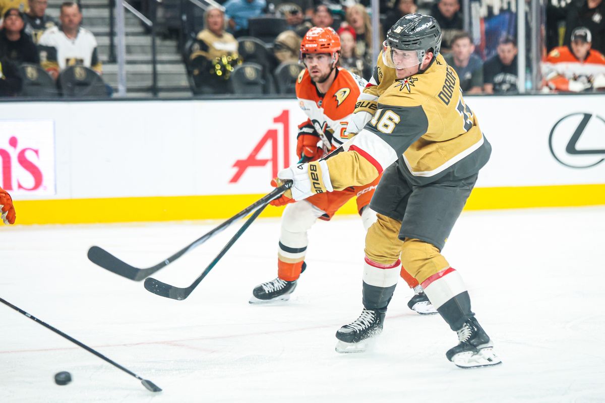 Vegas Golden Knights RW Pavel Dorofeyev (16) scores a goal against the Anaheim Ducks on Saturday November 8, 2025, in Las Vegas, Nevada. 