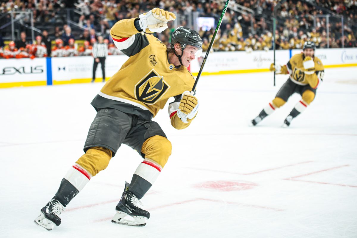 Vegas Golden Knights D Kaedan Korczak (6) celebrates after scoring a goal against the Anaheim Ducks on Saturday November 8, 2025, in Las Vegas, Nevada. 