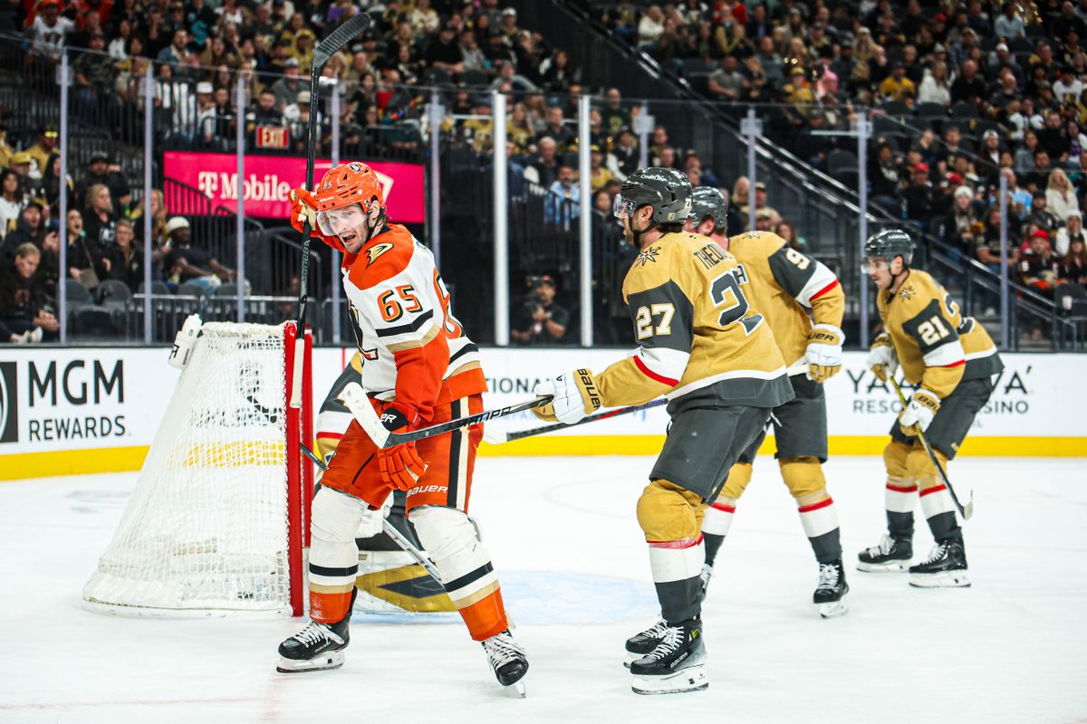 Anaheim Ducks D Jacob Trouba (65) scores the game winning goal in overtime against the Vegas Golden Knights on Saturday November 8, 2025, in Las Vegas, Nevada. 
