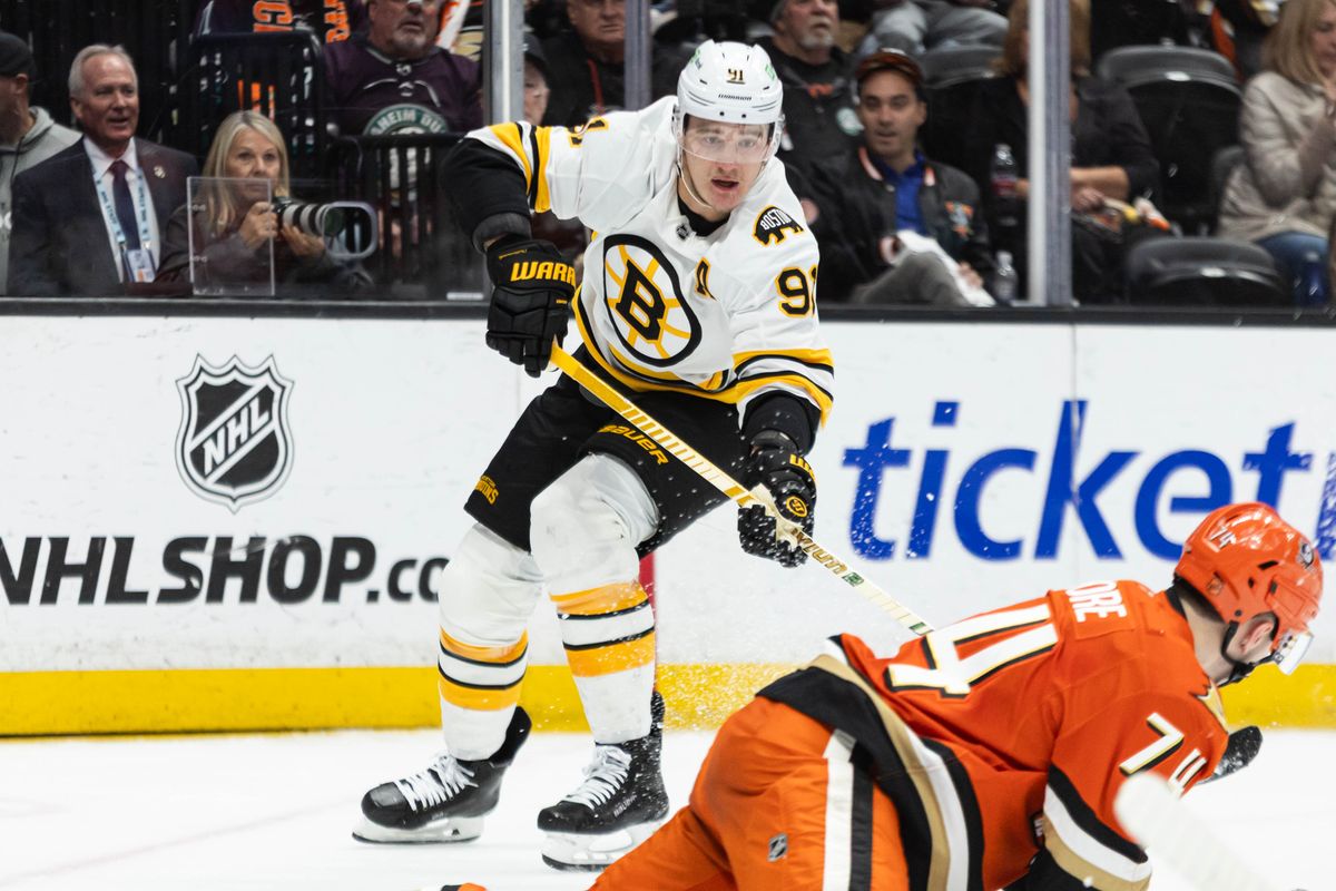 Boston Bruins D Nikita Zadorov (91) shoots the puck during an NHL game against the Anaheim Ducks on November 19, 2025 in Anaheim, Calif. Boston Bruins D Nikita Zadorov (91) shoots the puck during an NHL game against the Anaheim Ducks on November 19, 2025 in Anaheim, Calif.