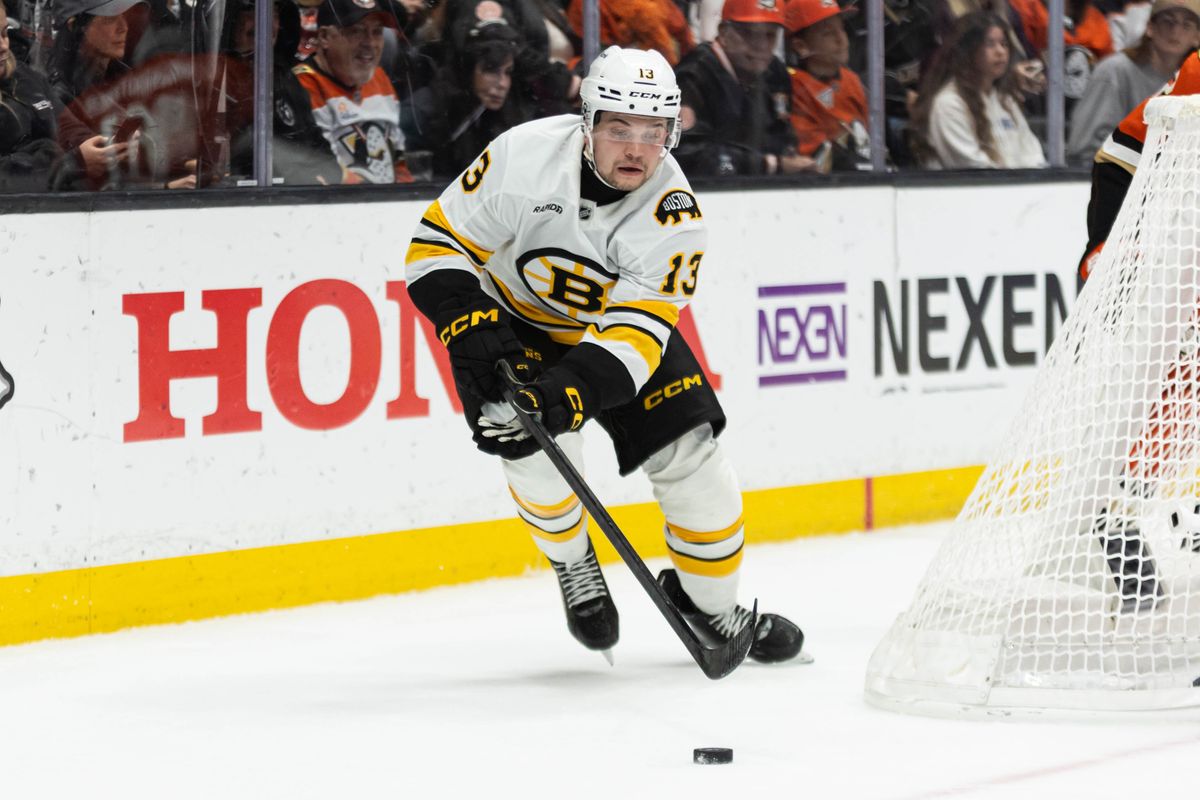 Boston Bruins R Matej Blümel (13) skates with the puck during an NHL game against the Anaheim Ducks on November 19, 2025 in Anaheim, Calif. Boston Bruins R Matej Blümel (13) skates with the puck during an NHL game against the Anaheim Ducks on November 19, 2025 in Anaheim, Calif.