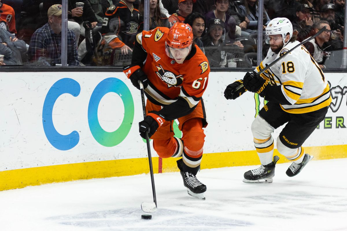 Anaheim Ducks L Cutter Gauthier (61) defends the puck during an NHL game against the Boston Bruins on November 19, 2025 in Anaheim, Calif. Anaheim Ducks L Cutter Gauthier (61) defends the puck during an NHL game against the Boston Bruins on November 19, 2025 in Anaheim, Calif.