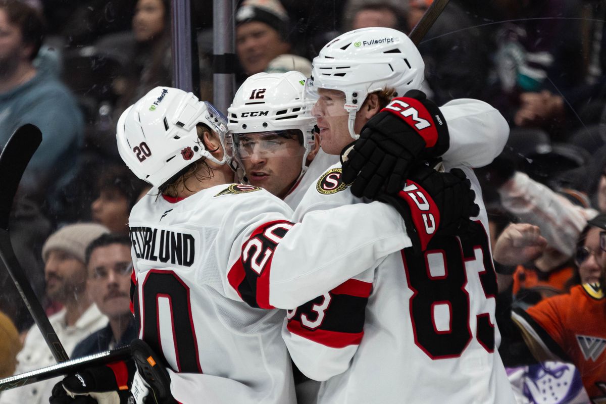 Ottawa Senators C Shane Pinto (12) celebrates after scoring a goal during an NHL game against the Anaheim Ducks on November 20, 2025 in Anaheim, Calif.