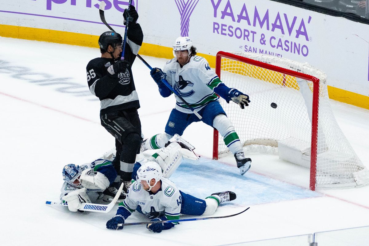 The Los Angeles Kings score a winning goal in overtime during an NHL game between the Vancouver Canucks and the Los Angeles Kings, Saturday November 29, 2025 at Crypto.com Arena in Los Angeles, Calif.
