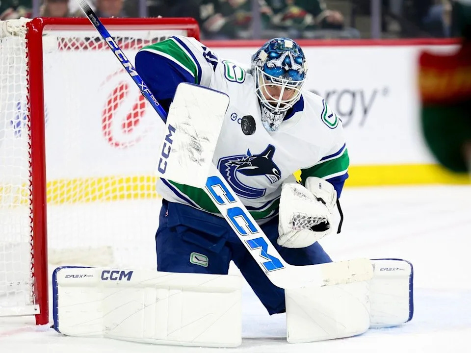 Vancouver Canucks goaltender Thatcher Demko saves the puck during a game against the Minnesota Wild, Nov. 1, 2025, in St. Paul.