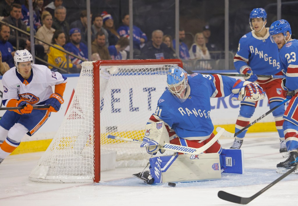 Igor Shesterkin, #31 of the New York Rangers, makes a save during the second period against the New York Islanders.