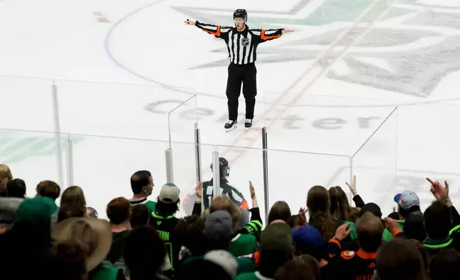 EDS NOTE: OBSCENITY - Referee Stephen Hiff overturns a game-tying Dallas Stars goal on a goalie interference call during the third period of an NHL hockey game between the Stars and the New York Islanders, Tuesday, Nov. 18, 2025, in Dallas. (AP Photo/Gareth Patterson)