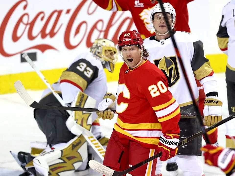  Blake Coleman, pictured celebrating a goal against the Vegas Golden Knights, has been one of the Flames’ most effective players on a nightly basis.