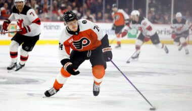 Flyers right wing Owen Tippett seen here in earlier action against the New Jersey Devils this season, scored the 100th goal of his NHL career in the win.