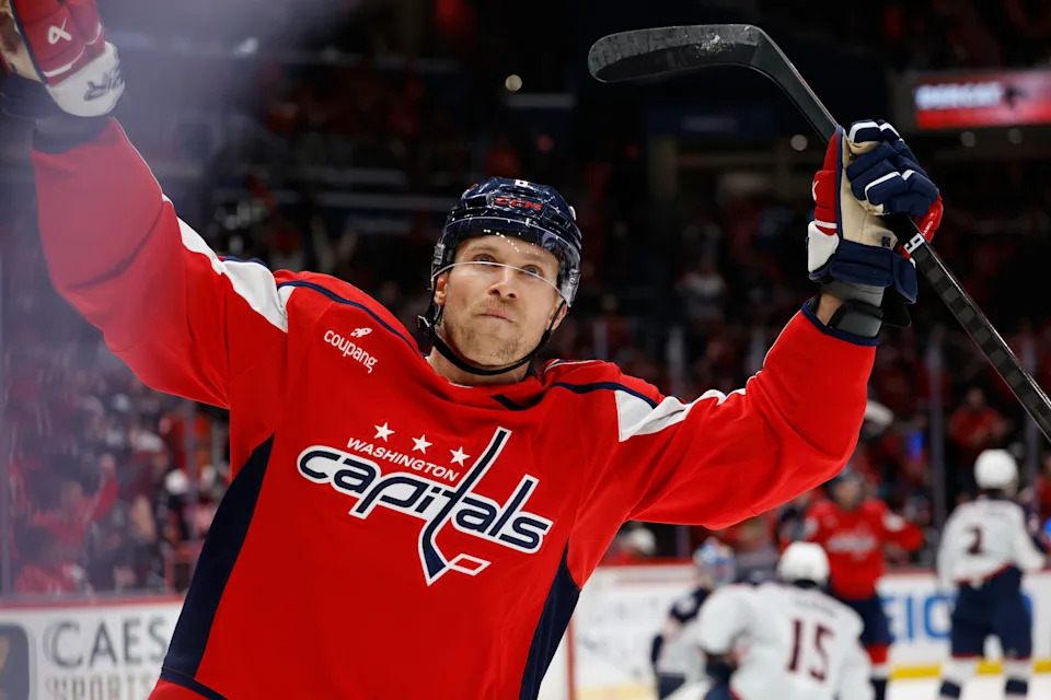 Nov 24, 2025; Washington, District of Columbia, USA; Washington Capitals defenseman Jakob Chychrun (6) celebrates after scoring a goal against the Columbus Blue Jackets during the first period at Capital One Arena. Mandatory Credit: Geoff Burke-Imagn Images