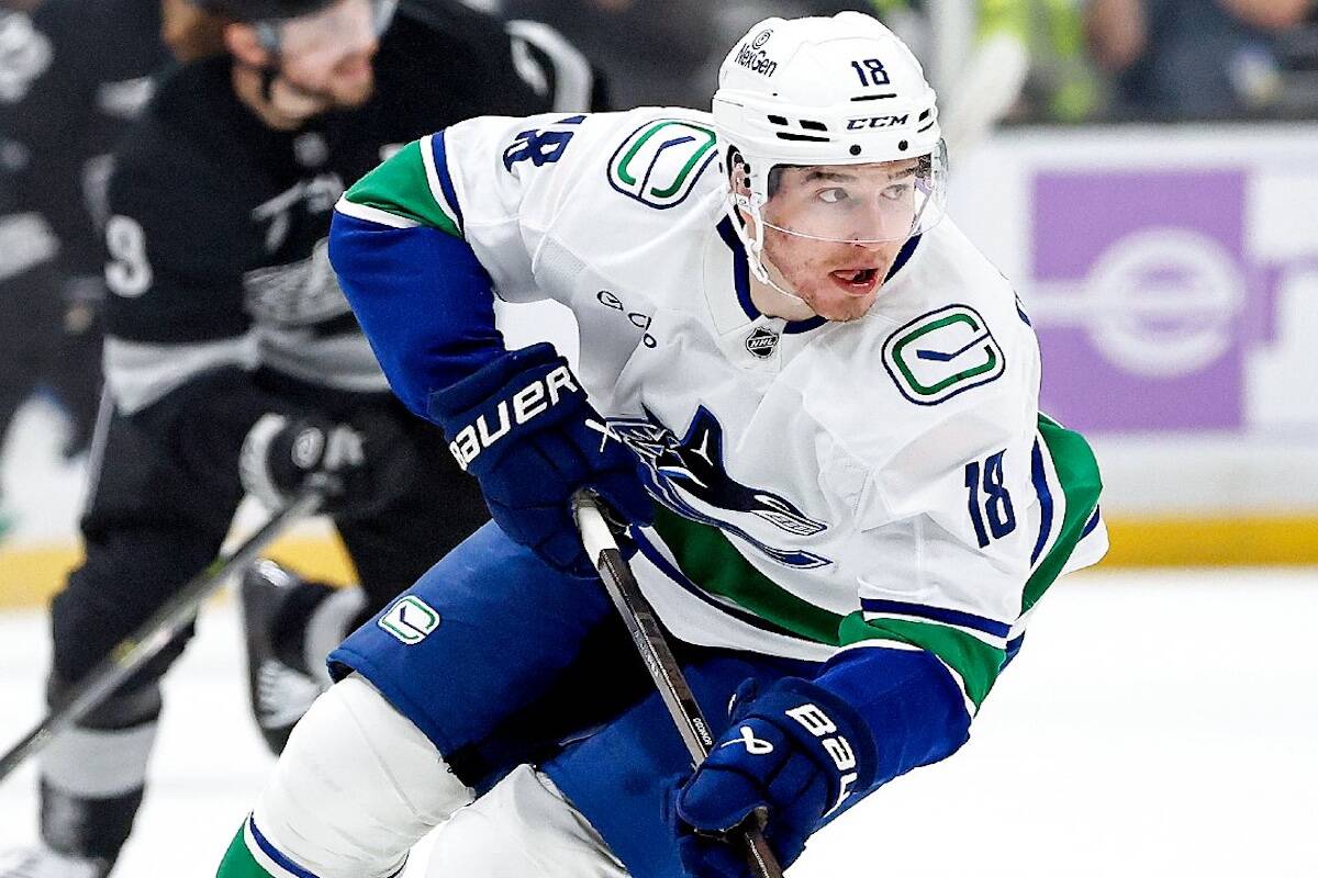 Vancouver Canucks forward Drew O&rsquo;Connor, in action against the L.A. Kings during an NHL game Monday, Nov. 29, 2025 at Crypto.com Arena in Los Angeles. (https://x.com/Canucks photo)