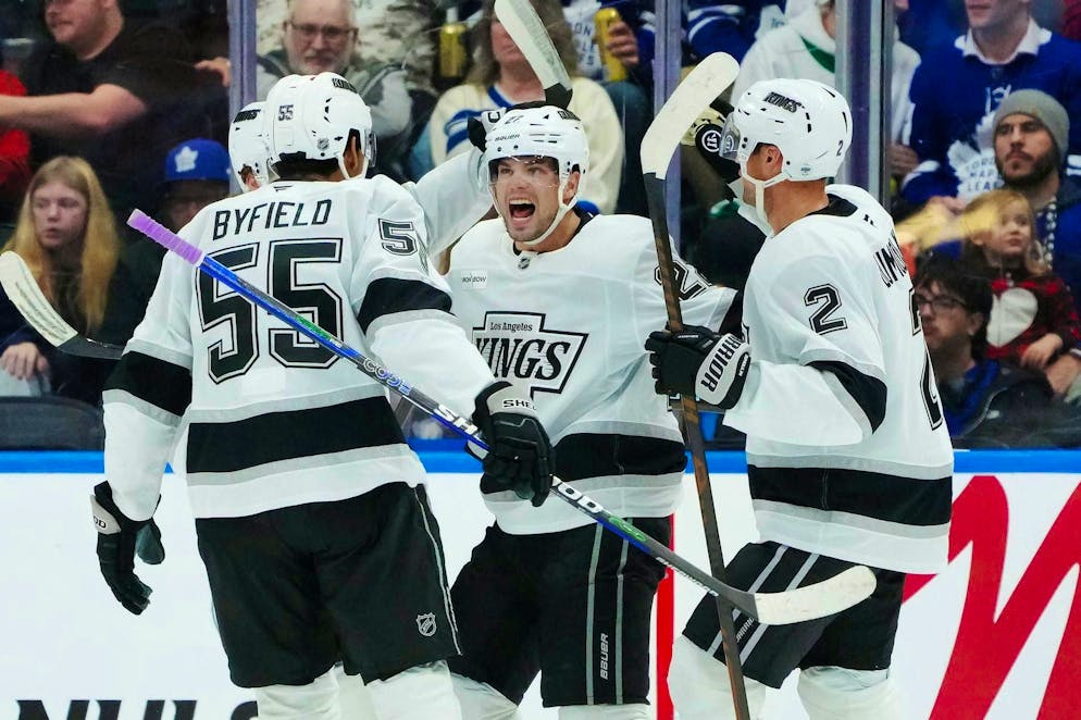 Kevin Fiala (center) also scores during the Los Angeles Kings' visit to Toronto.