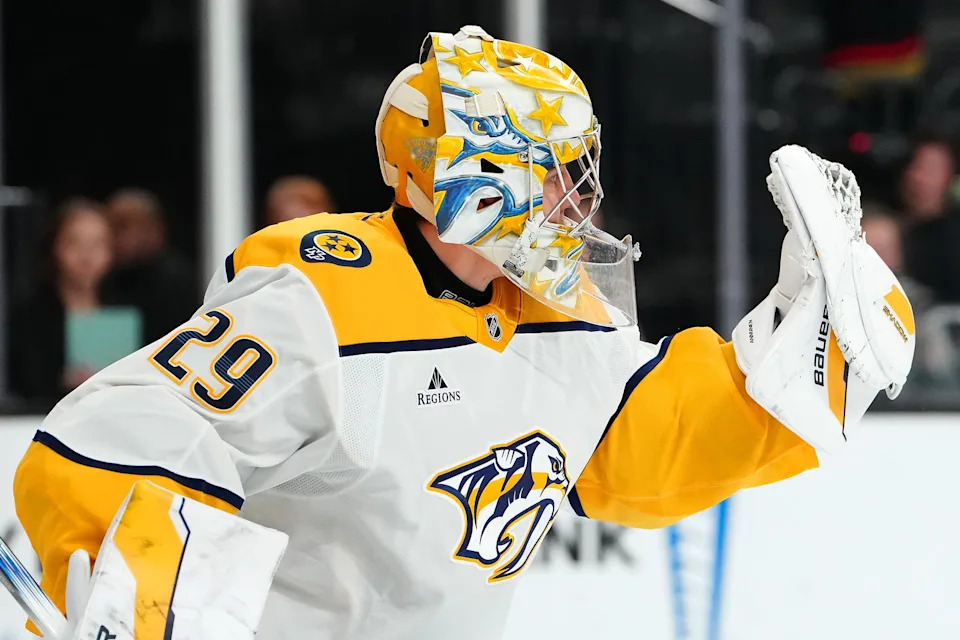 Apr 12, 2025; Las Vegas, Nevada, USA; Nashville Predators goaltender Justus Annunen (29) warms up before a game against the Vegas Golden Knights at T-Mobile Arena. Mandatory Credit: Stephen R. Sylvanie-Imagn Images