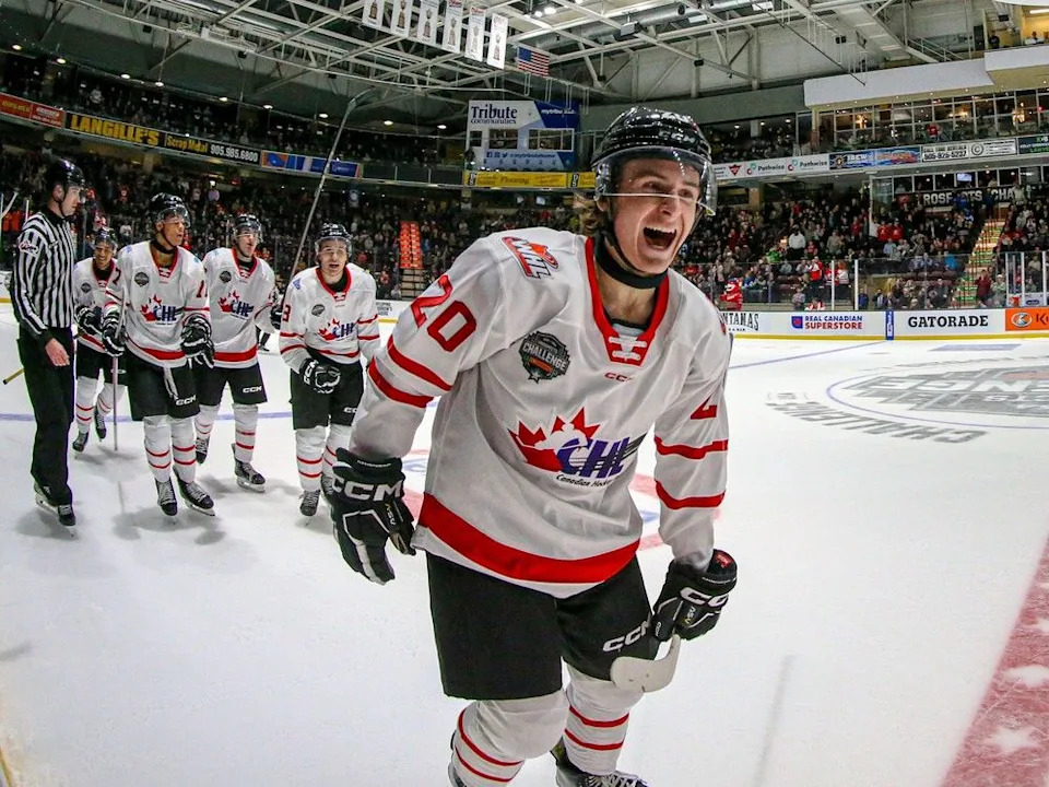  Cole Reschny celebrates his goal in the 2024 CHL USA Prospects Challenge. Reschny was selected by the Calgary Flames in the first round of the 2025 NHL Draft.