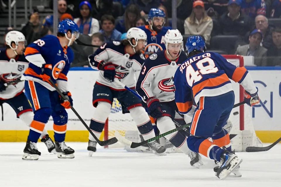 Nov 2, 2025; Elmont, New York, USA; New York Islanders defenseman Matthew Schaefer (48) shoots and scores a power play goal against the Columbus Blue Jackets during the first period at UBS Arena. Mandatory Credit: Dennis Schneidler-Imagn Images