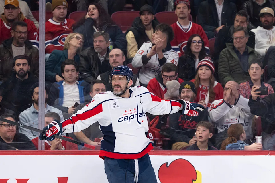 MONTREAL, QC - NOVEMBER 20: Alex Ovechkin (8) of the Washington Capitals celebrates  after scoring a goal during the third period of the NHL game between the Washington Capitals  and the Montreal Canadiens on Nov 20, 2025, at the Bell Centre in Montreal, QC (Photo by Vincent Ethier/Icon Sportswire via Getty Images)