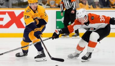 Flyers' Matvei Michkov (right) scored a goal for the first time since Oct. 16 with a second period goal against the Predators on Thursday night in Nashville.