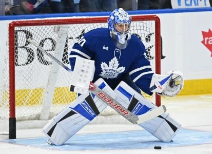 Oct 25, 2025; Toronto, Ontario, CAN; Toronto Maple Leafs goalie Cayden Primeau (30) in warmups against the Buffalo Sabres at Scotiabank Arena