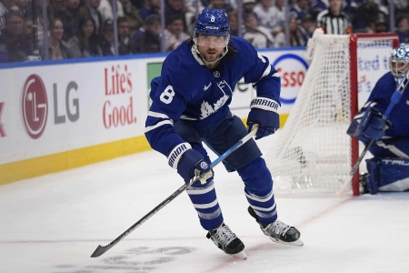 May 5, 2025; Toronto, Ontario, CAN; Toronto Maple Leafs defenceman Chris Tanev (8) skates against the Florida Panthers during the second period of game one in the second round of the 2025 Stanley Cup Playoffs at Scotiabank Arena. Mandatory Credit: John E. Sokolowski-Imagn Images May 5, 2025; Toronto, Ontario, CAN; Toronto Maple Leafs defenceman Chris Tanev (8) skates against the Florida Panthers during the second period of game one in the second round of the 2025 Stanley Cup Playoffs at Scotiabank Arena. Mandatory Credit: John E. Sokolowski-Imagn Images