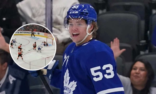 Toronto Maple Leafs forward Easton Cowan (back) and Easton Cowan's first career NHL goal (insert). Toronto Maple Leafs forward Easton Cowan (back) and Easton Cowan's first career NHL goal (insert).