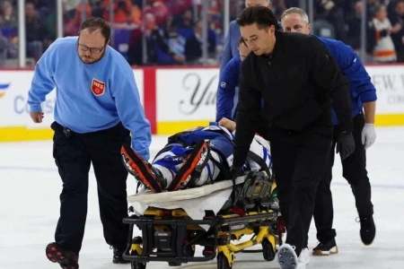 Nov. 1, 2025; PHILADELPHIA, PA: Toronto Maple Leafs defenseman Chris Tanev is stretchered off the ice after colliding with Philadelphia's Matvei Michkov.