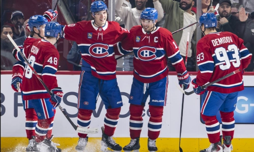 Montreal Canadiens' Cole Caufield, Lane Hutson, Juraj Slafkovsky, Nick Suzuki and Ivan Demidov. (left to right) Montreal Canadiens' Cole Caufield, Lane Hutson, Juraj Slafkovsky, Nick Suzuki and Ivan Demidov. (left to right)