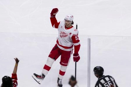 Nov 2, 2025; San Jose, California, USA; Detroit Red Wings defenseman Moritz Seider (53) celebrates after he scored a goal against the San Jose Sharks during the third period at SAP Center at San Jose. Mandatory Credit: John Hefti-Imagn Images