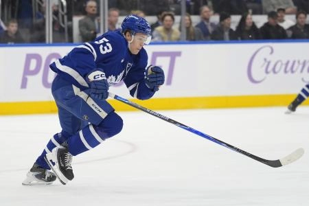 Nov 3, 2025; Toronto, Ontario, CAN; Toronto Maple Leafs forward Easton Cowan (53) skates against the Pittsburgh Penguins during the third period at Scotiabank Arena. Mandatory Credit: John E. Sokolowski-Imagn Images