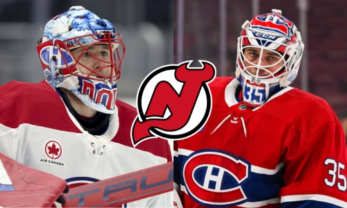 Jakub Dobes (left) and Samuel Montembeault (right) New Jersey Devils Logo.