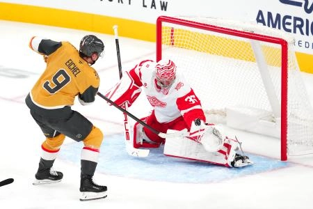 Nov 4, 2025; Las Vegas, Nevada, USA; Vegas Golden Knights center Jack Eichel (9) shoots wide of Detroit Red Wings goaltender John Gibson (36) during the third period at T-Mobile Arena. Mandatory Credit: Stephen R. Sylvanie-Imagn Images
