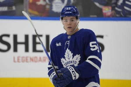 Oct 28, 2025; Toronto, Ontario, CAN; Toronto Maple Leafs forward Easton Cowan (53) skates during warm up before a game against the Calgary Flames at Scotiabank Arena. Mandatory Credit: John E. Sokolowski-Imagn Images