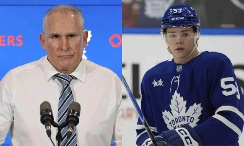 Toronto Maple Leafs head coach Craig Berube (left) and forward Easton Cowan (right)