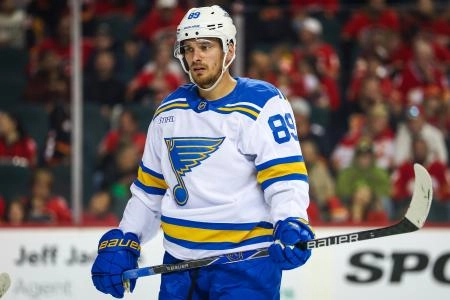 Oct 11, 2025; Calgary, Alberta, CAN; St. Louis Blues left wing Pavel Buchnevich (89) against the Calgary Flames during the first period at Scotiabank Saddledome