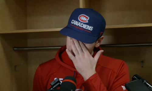 Canadiens goalie Jakub Dobes emotional during press conference. Canadiens goalie Jakub Dobes emotional during press conference.
