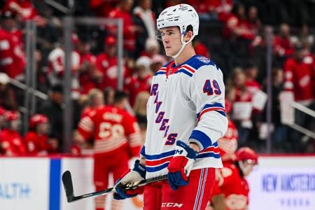 Nov 7, 2025; Detroit, Michigan, USA; New York Rangers right wing Jaroslav Chmelar (49) before the game against the Detroit Red Wings at Little Caesars Arena. Mandatory Credit: Tim Fuller-Imagn Images Nov 7, 2025; Detroit, Michigan, USA; New York Rangers right wing Jaroslav Chmelar (49) before the game against the Detroit Red Wings at Little Caesars Arena. Mandatory Credit: Tim Fuller-Imagn Images