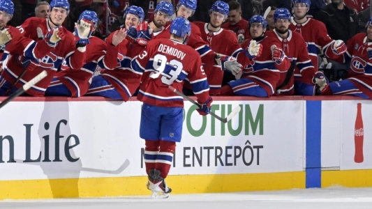 Nov 1, 2025; Montreal, Quebec, CAN; Montreal Canadiens forward Ivan Demidov (93) celebrates with teammates after scoring a goal against the Ottawa Senators during the third period at the Bell Centre. Mandatory Credit: Eric Bolte-Imagn Images