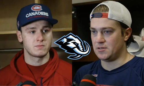 Photo of Jakub Dobes (left) Samuel Montembeault (right) Utah Mammoth logo Photo of Jakub Dobes (left) Samuel Montembeault (right) Utah Mammoth logo