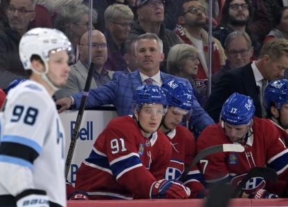 Nov 8, 2025; Montreal, Quebec, CAN; Montreal Canadiens head coach Martin St-Louis during the second period of the game against the Utah Mammoth at the Bell Centre. Mandatory Credit: Eric Bolte-Imagn Images